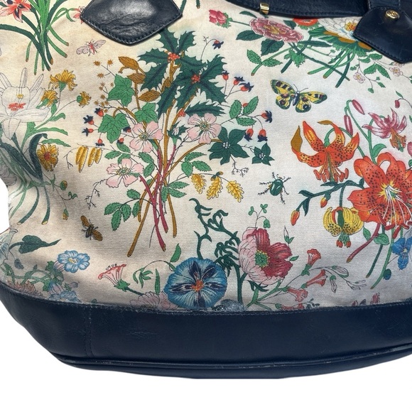 🌸 Gucci Large Flora Vintage Canvas Tote Bag Blue Leather Trim Floral Print - Picture 9 of 12